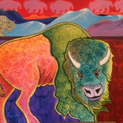 Artwork by Debra Campbell - painting of a buffalo using greens and reds