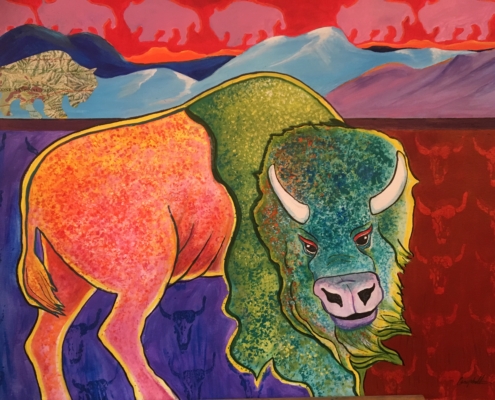 Artwork by Debra Campbell - painting of a buffalo using greens and reds
