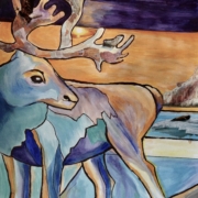 Artwork by Debra Campbell -deer using light browns, teals and blues
