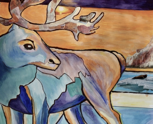 Artwork by Debra Campbell -deer using light browns, teals and blues
