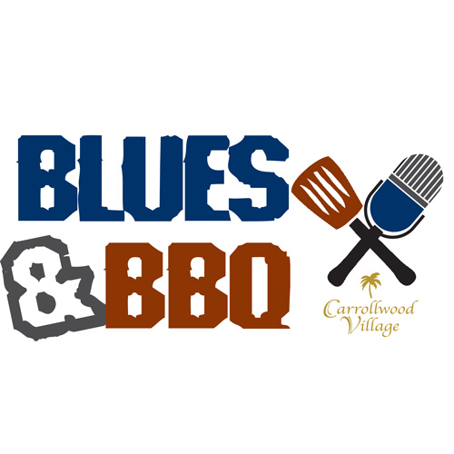 Blues & BBQ Logo with cooking tools and microphone