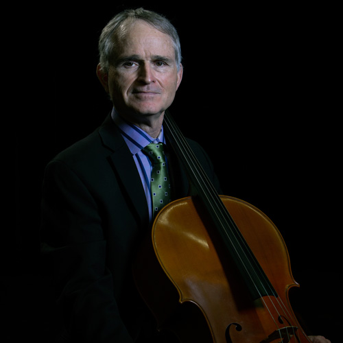Promotional photo of James Connors with cello.