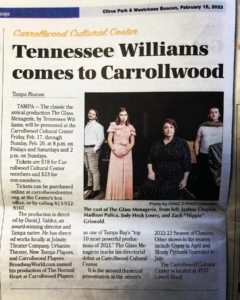 A photo of the newspaper with a story for The Glass Menagerie, which includes the article and a promotional photo from the show