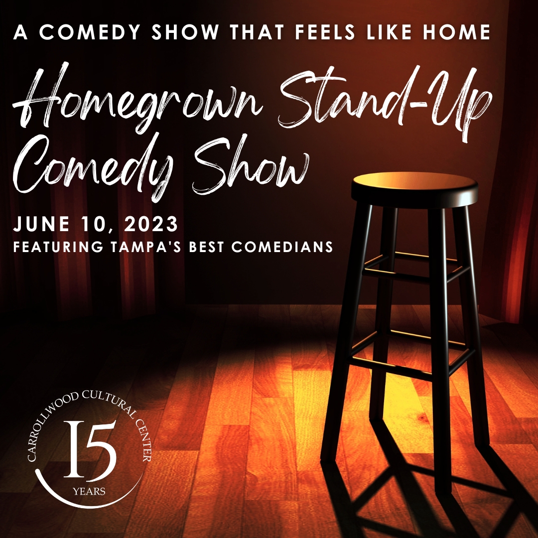 2023 Homegrown Stand-Up Comedy Show event graphic with stool on wooden floor and spotlight.